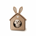 PawLux House – pelíšek domeček pro psy, žlutá varianta se stříškou, s malým bílým pejskem