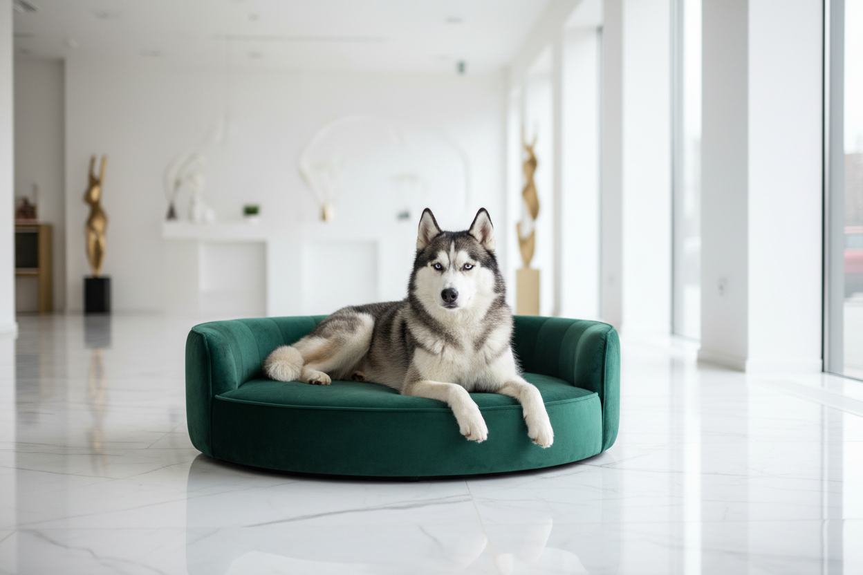 Sibiřský husky odpočívá na zeleném sametovém gauči – luxusní pelíšky a doplňky pro psy a kočky od PawLuxPets